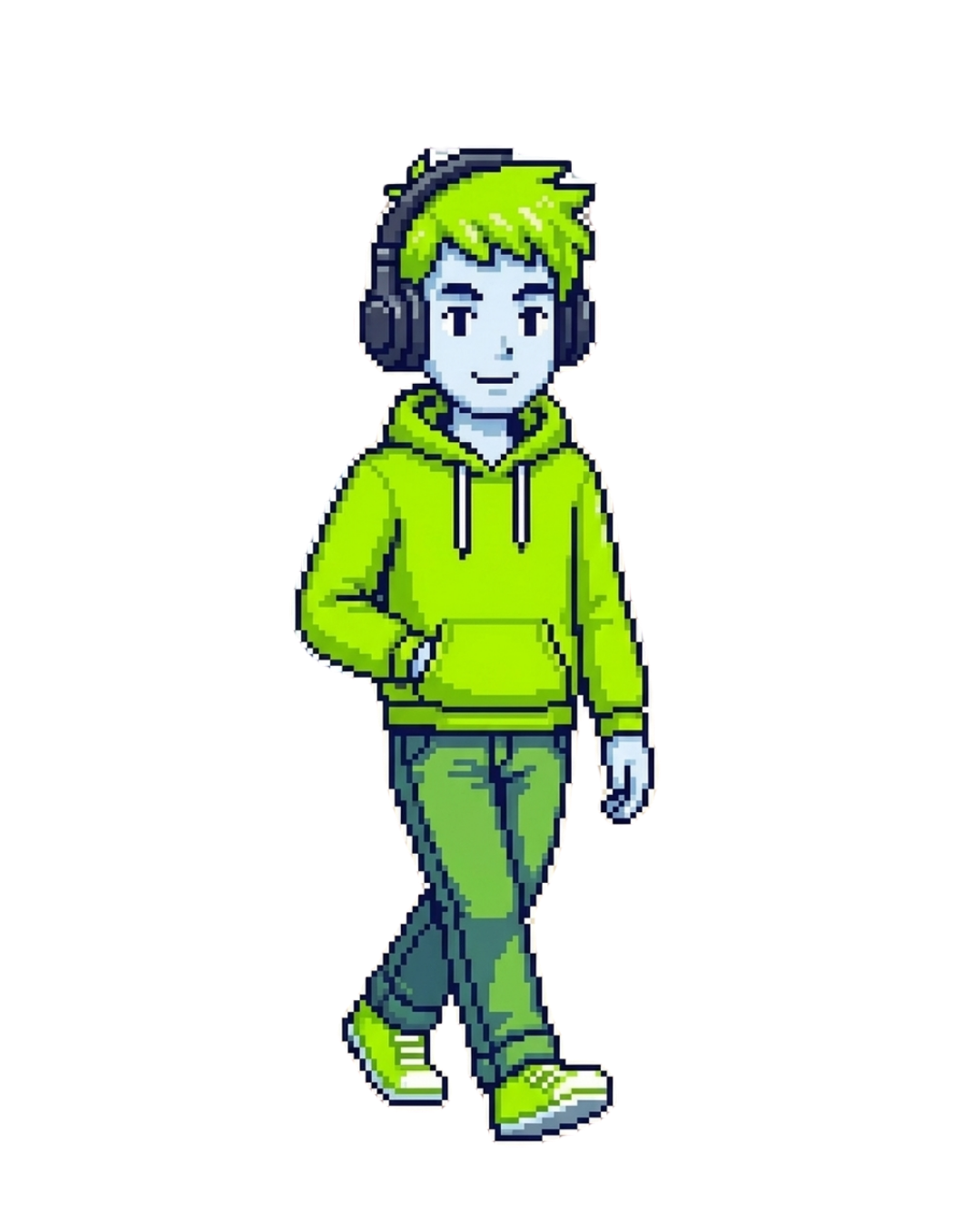 Pixel art character — a kid in a green hoodie walking with headphones